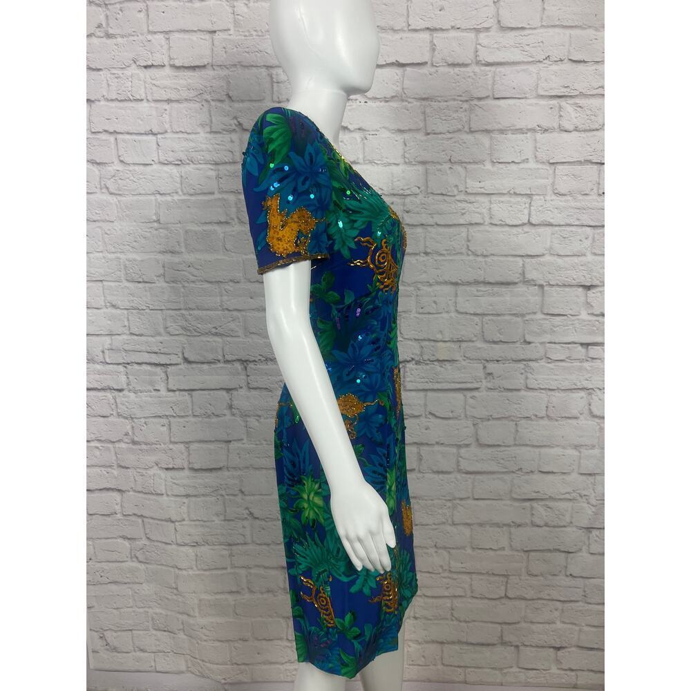 Vintage 1980s 100% Silk A.J. Bari Pattern Beaded and Sequins Dress - Picture 7 of 12